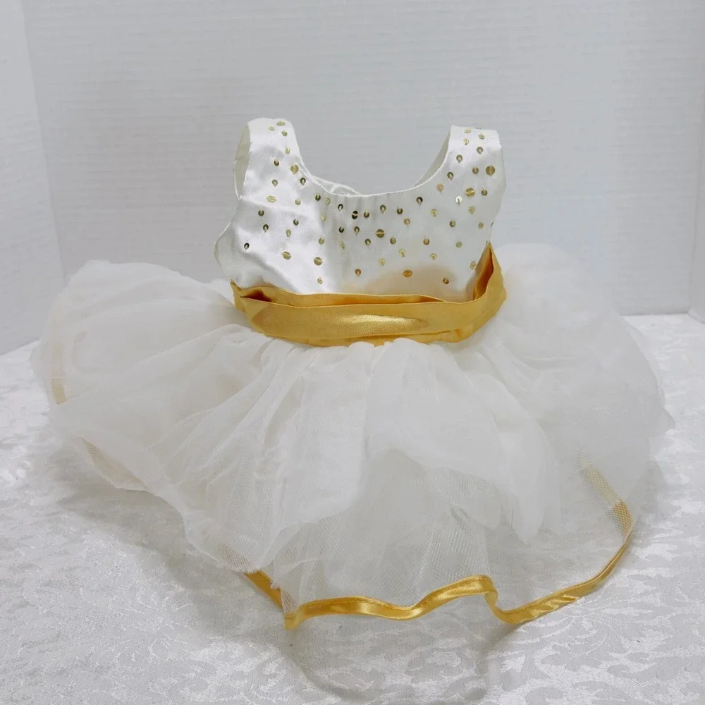 Build a Bear Clothing-Beautiful White Tiered Dress Gold Sequins and shoes Set